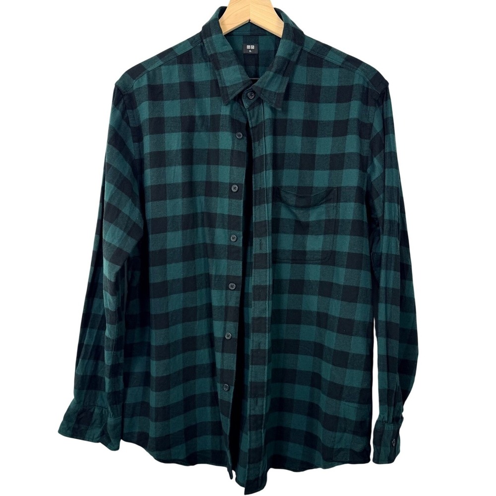 Uniqlo Mens XL Green Black Buffalo Plaid Flannel Button Down‎ Shirt 331-431478